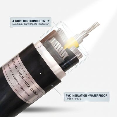 IP68 वाटरप्रूफ पीवीसी अछूता पावर केबल 0.6/1kV 4x25mm2 भूमिगत प्रत्यक्ष दफन देने वाला